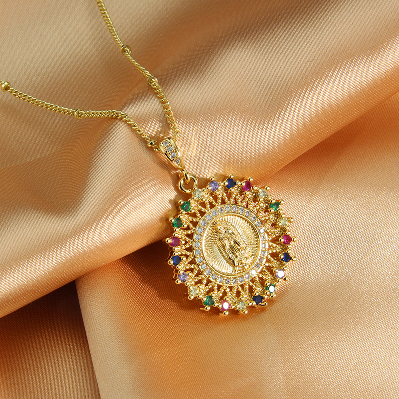 Neue Einfache Kupfer Gold-überzog Intarsien Farbe Zirkonium Jungfrau Maria Anhänger Halskette display picture 3