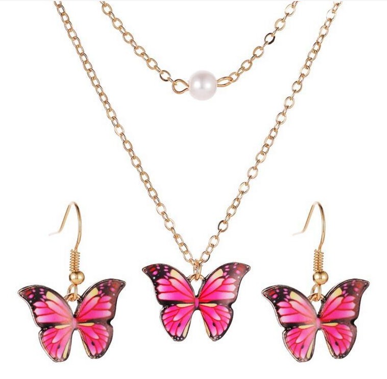 Nouveau Mode D'été Coloré Huile Papillon Pendentif Alliage Collier Boucles D'oreilles Ensemble display picture 2