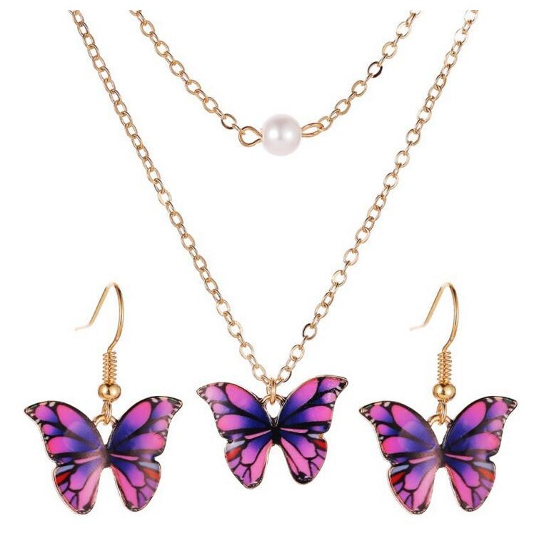 Nouveau Mode D'été Coloré Huile Papillon Pendentif Alliage Collier Boucles D'oreilles Ensemble display picture 4