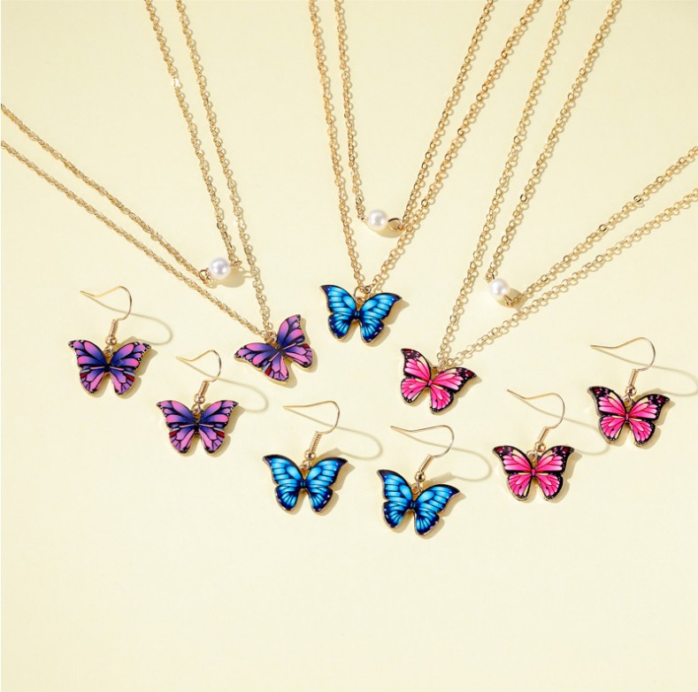 Nouveau Mode D'été Coloré Huile Papillon Pendentif Alliage Collier Boucles D'oreilles Ensemble display picture 8