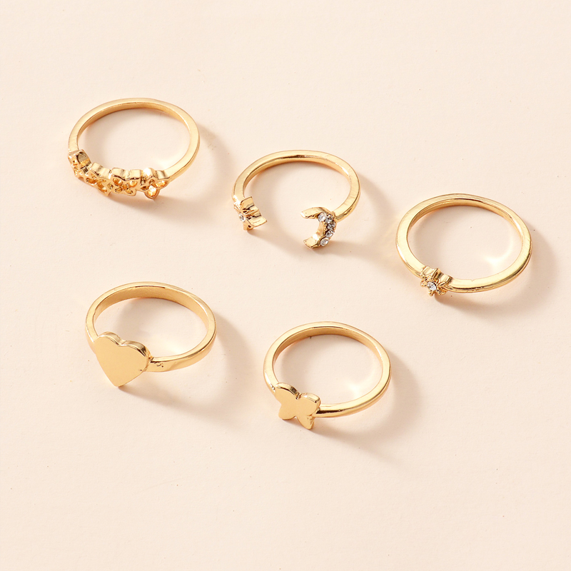 Fashion Gold Plated Geometric Butterfly Heart Ring 5-piece Set display picture 3