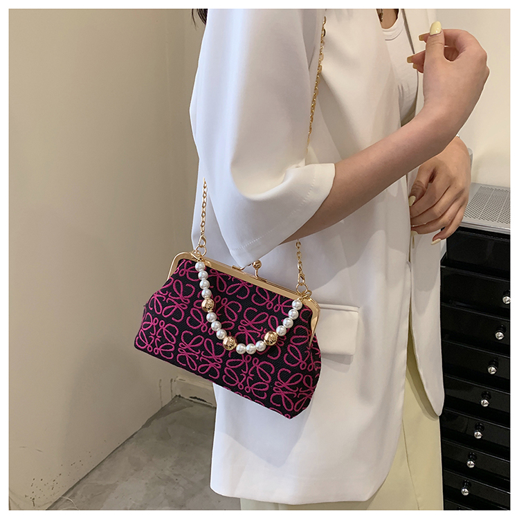 Women's Fashionable Embroidered Thread Texture Mesh Pearl Hand Chain Crossbody Small Square Bag display picture 2