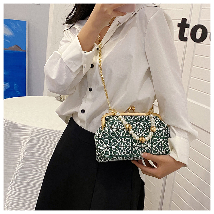 Women's Fashionable Embroidered Thread Texture Mesh Pearl Hand Chain Crossbody Small Square Bag display picture 3