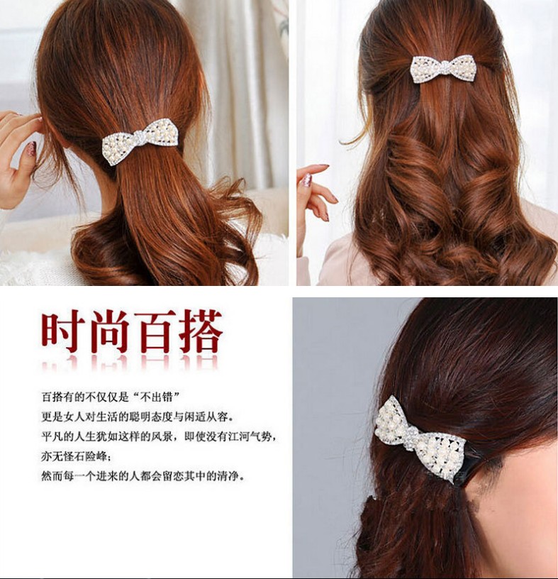 Women's Fashion Sweet Bow Knot Alloy Inlaid Pearls Diamond Artificial Rhinestones Artificial Pearls Hair Clip display picture 2