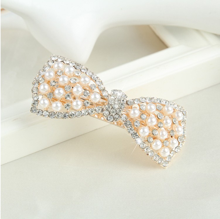 Women's Fashion Sweet Bow Knot Alloy Inlaid Pearls Diamond Artificial Rhinestones Artificial Pearls Hair Clip display picture 3