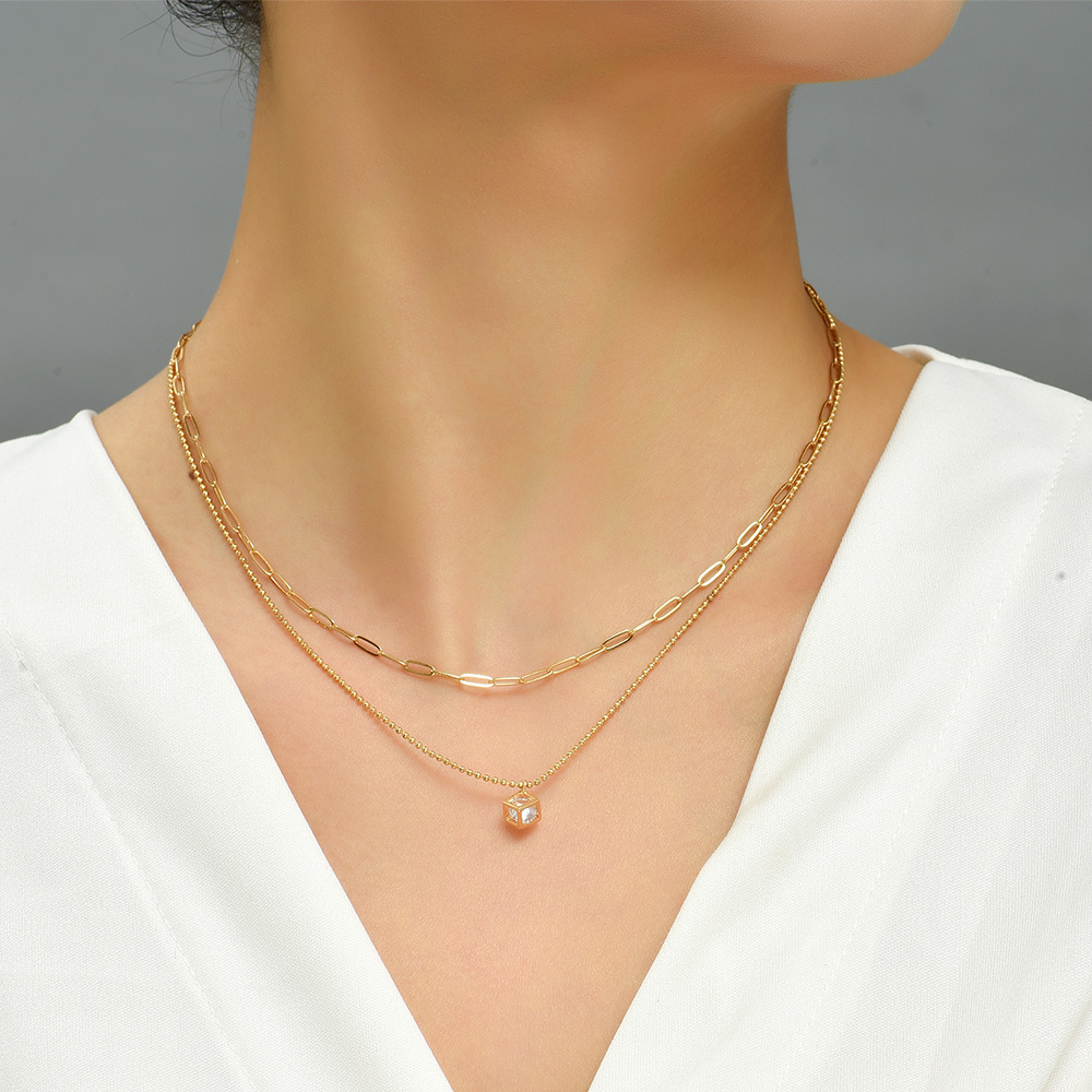 Fashion Hollow Cube Zircon Pendant Double-layer Female Copper Necklace display picture 6