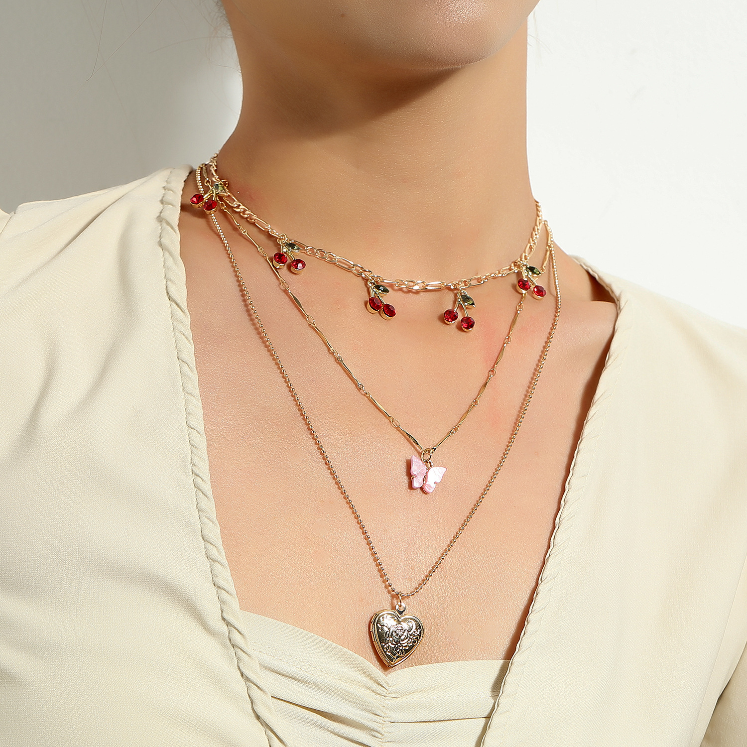 Fashion Elegant Red Cherry Butterfly Heart Pendant Multi-layer Necklace display picture 2