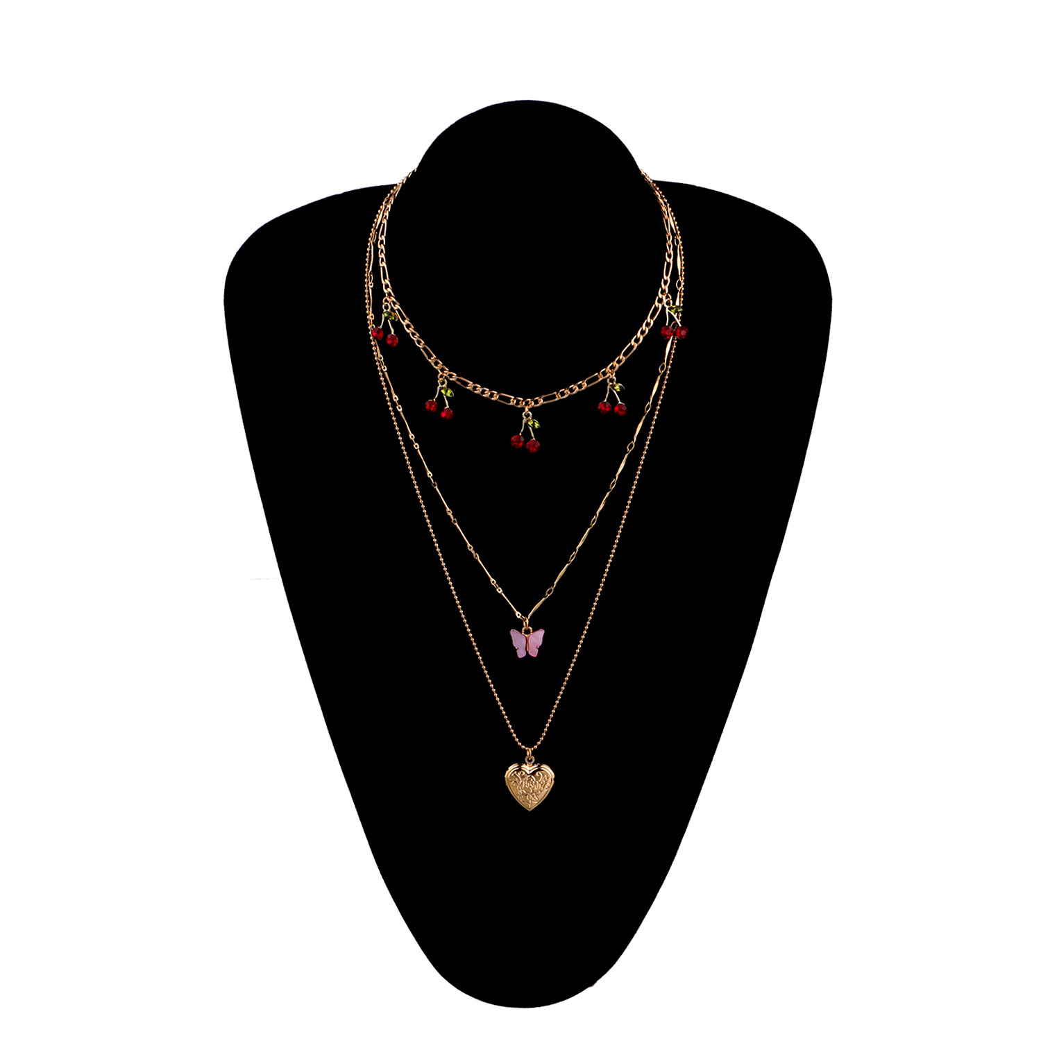 Fashion Elegant Red Cherry Butterfly Heart Pendant Multi-layer Necklace display picture 3