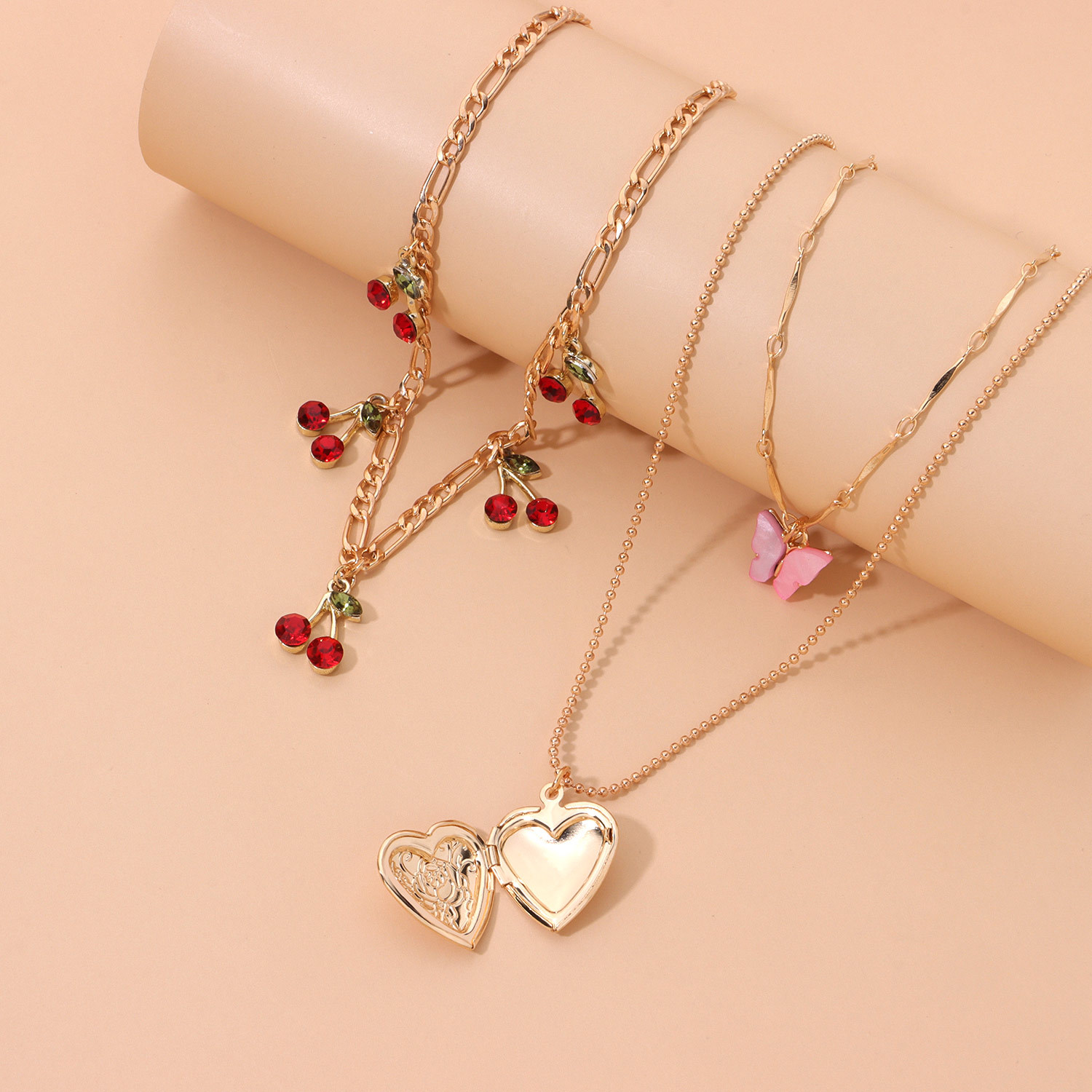 Fashion Elegant Red Cherry Butterfly Heart Pendant Multi-layer Necklace display picture 7