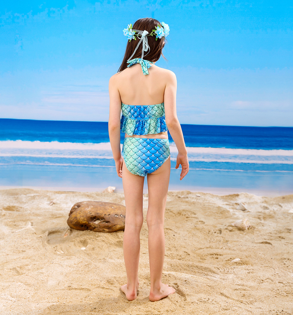 Children's Mermaid Swimsuit Girls' Colorful Bikini Children's Split Swimwear Swimsuit Flower Bad Pendant Five-piece Set display picture 5