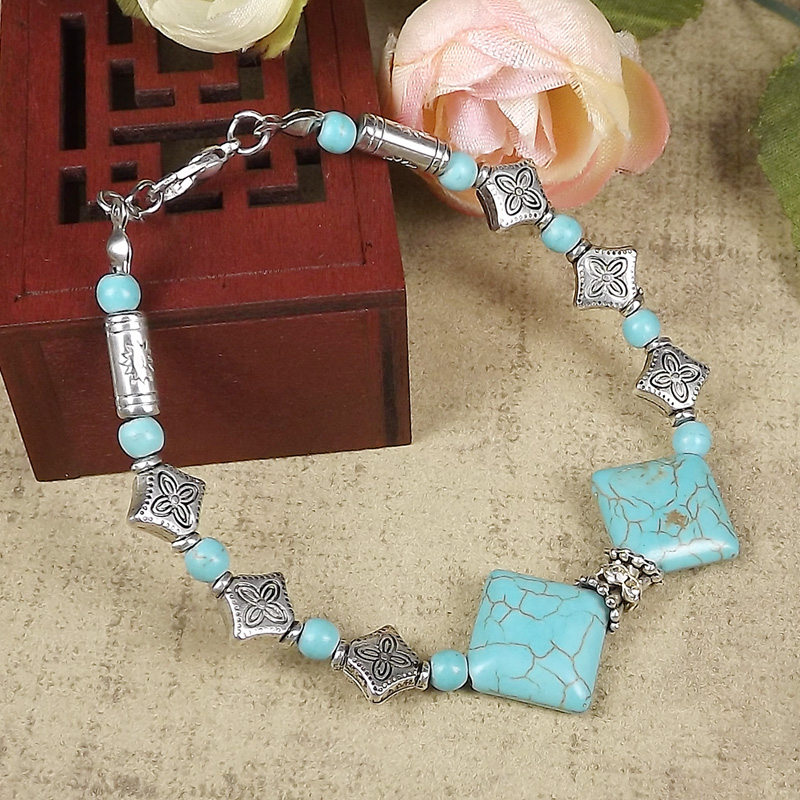 Retro Ethnic Style Turquoise Silver Brace Lace Bracelet display picture 2
