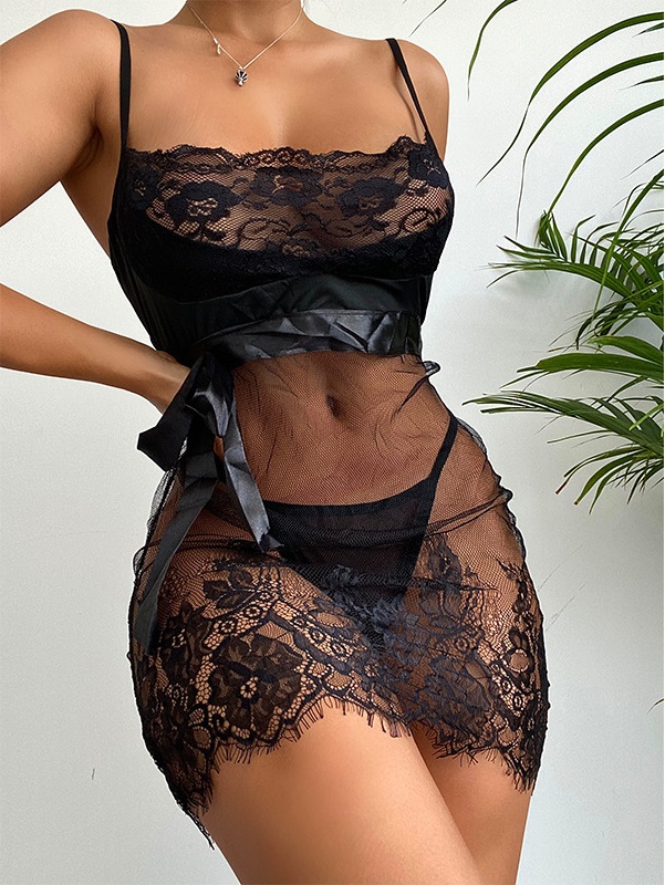 Solid Color Embroidery Lace Overall Dress Sexy Lingerie Set display picture 1