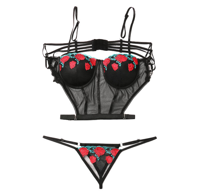 See-through Embroidery Flower Sexy Lingerie Set display picture 1