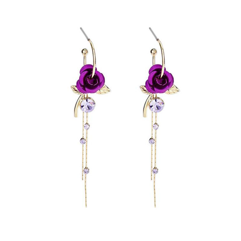 Fashion Elegant Red Purple Rose Flowers Leaf Rhinestone Inlaid Earrings display picture 5