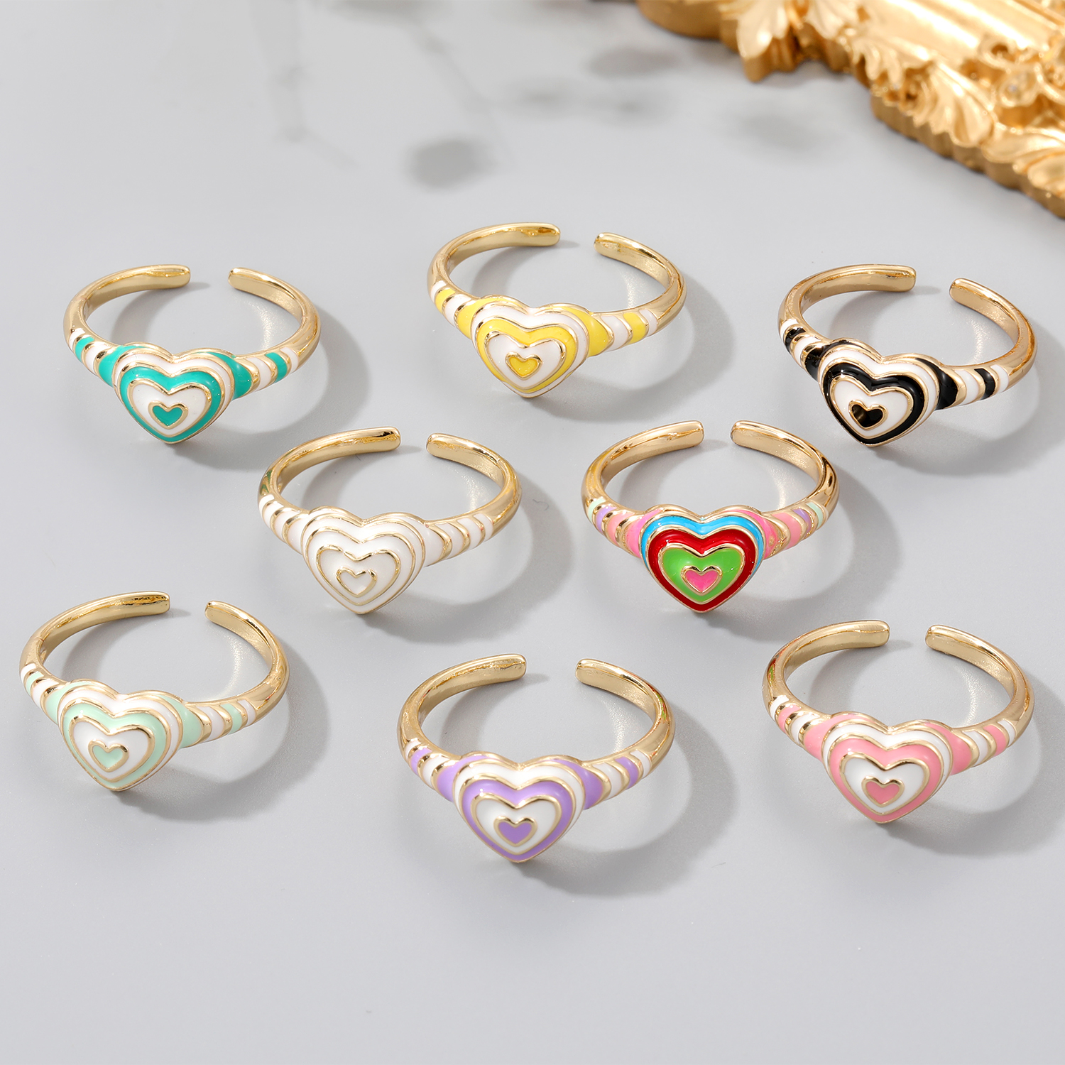New Style Heart-shaped Contrast Color Striped Dripping Oil Copper Open Ring display picture 1