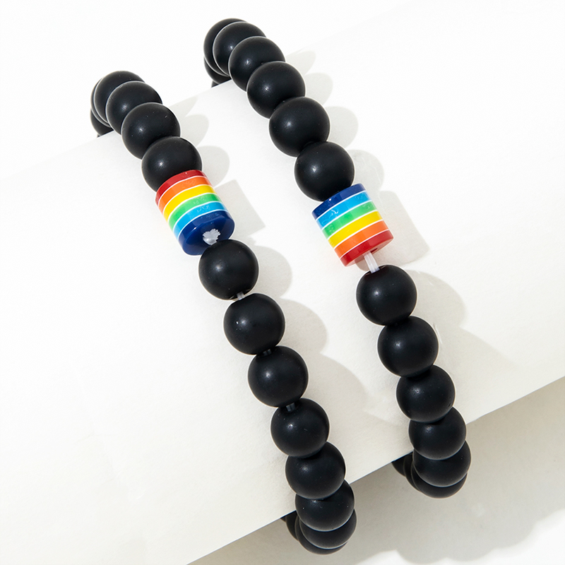 Fashion Simple Black Frosted Natural Stone Rainbow Beaded Bracelet Set 2 Piece display picture 3