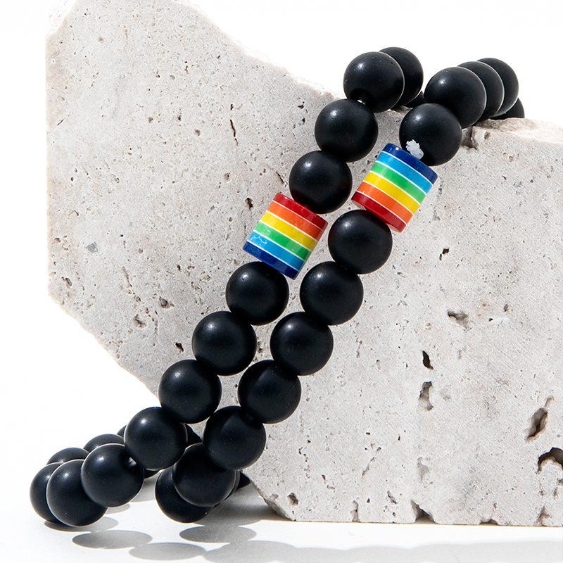 Fashion Simple Black Frosted Natural Stone Rainbow Beaded Bracelet Set 2 Piece display picture 4