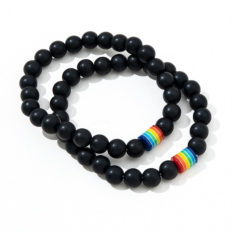 Fashion Simple Black Frosted Natural Stone Rainbow Beaded Bracelet Set 2 Piece display picture 5