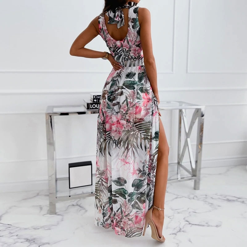 Summer New Style Chiffon Floral Printed Lace Up Women's Dress display picture 3