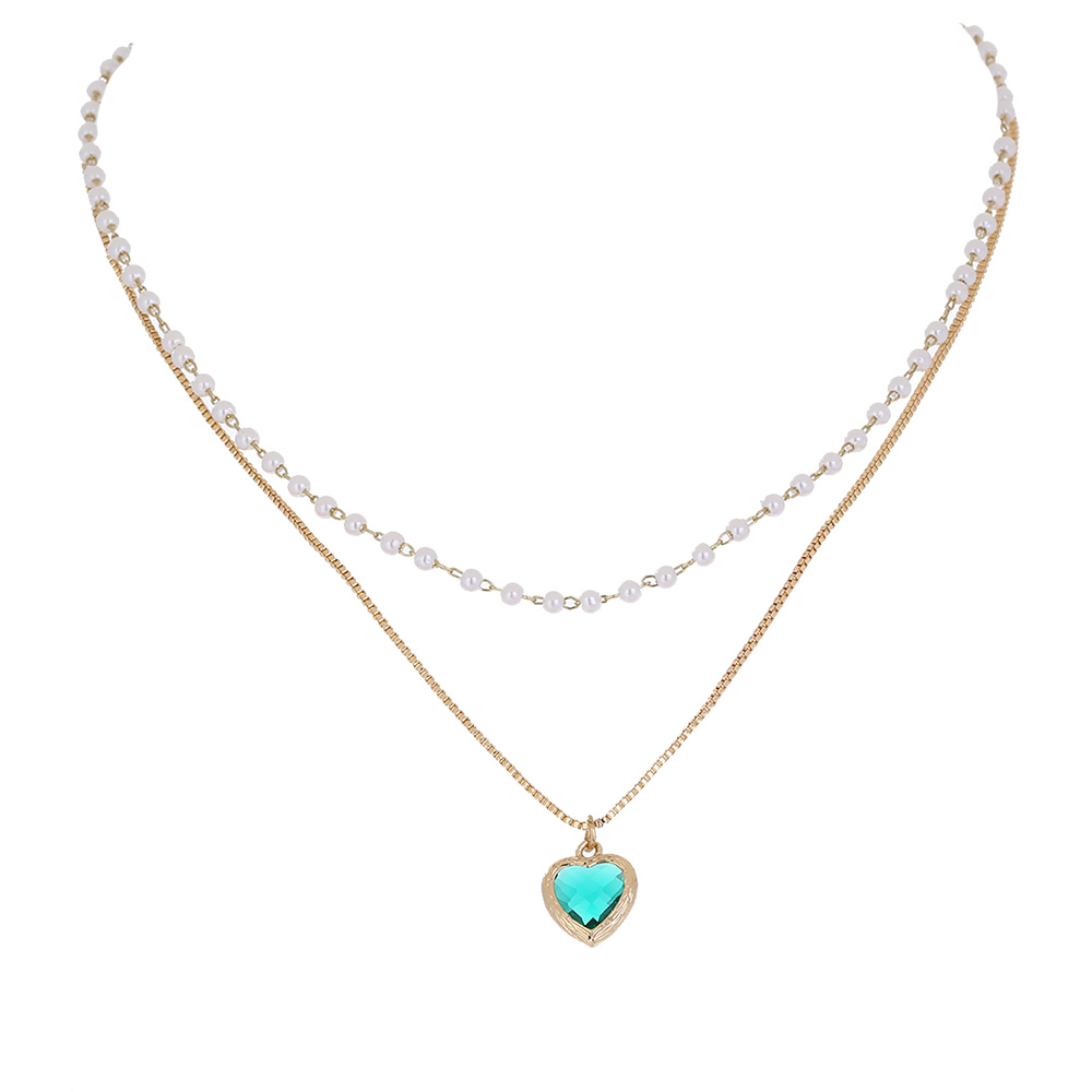 Alloy Copper Dark Green Heart-shaped Zircon Pendant Artificial Pearl Necklace display picture 5