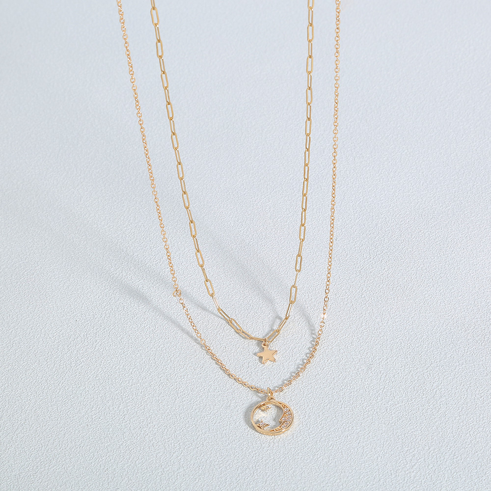 Alloy Double Layer Chain Geometric Moon Chain Alloy Necklace display picture 2