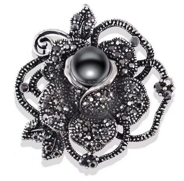 Fashion Vintage Black Rhinestone Pearl Inlaid Big Bow Flower Brooch display picture 2