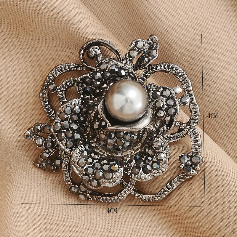 Fashion Vintage Black Rhinestone Pearl Inlaid Big Bow Flower Brooch display picture 7