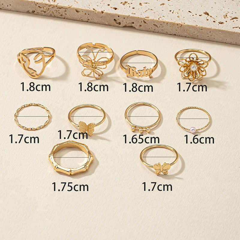 Butterfly Metal Bamboo Joint Simple Ring 10 Piece Set display picture 3