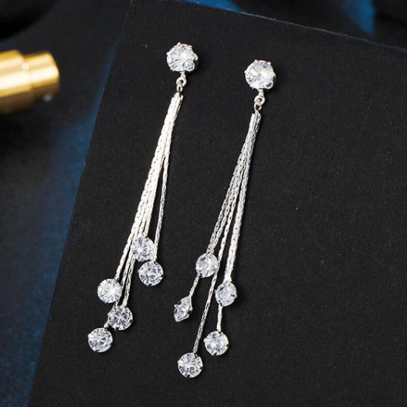 New Fashion Long Tassel Diamond-embedded Eardrops Copper Earrings display picture 1