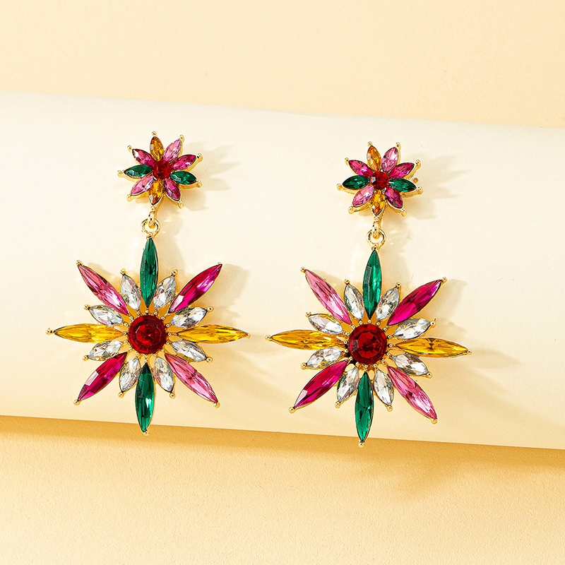 New Fashion Ethnic Stitching Colorful Sunflower Crystal Female Alloy Earrings display picture 1