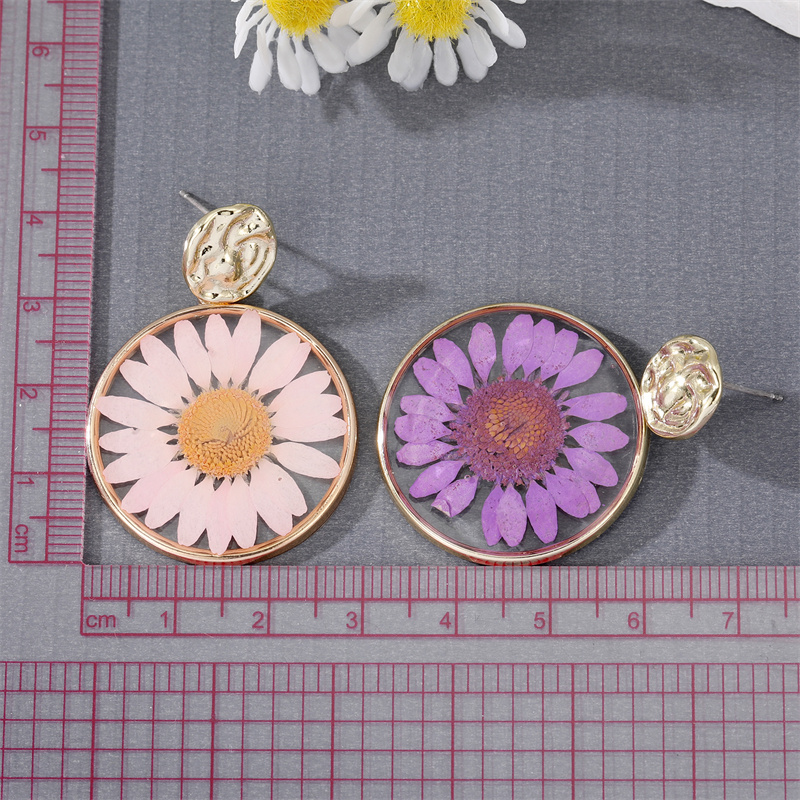 New Style Transparent Dried Flower Little Daisy Resin Round Pendant Earrings display picture 2