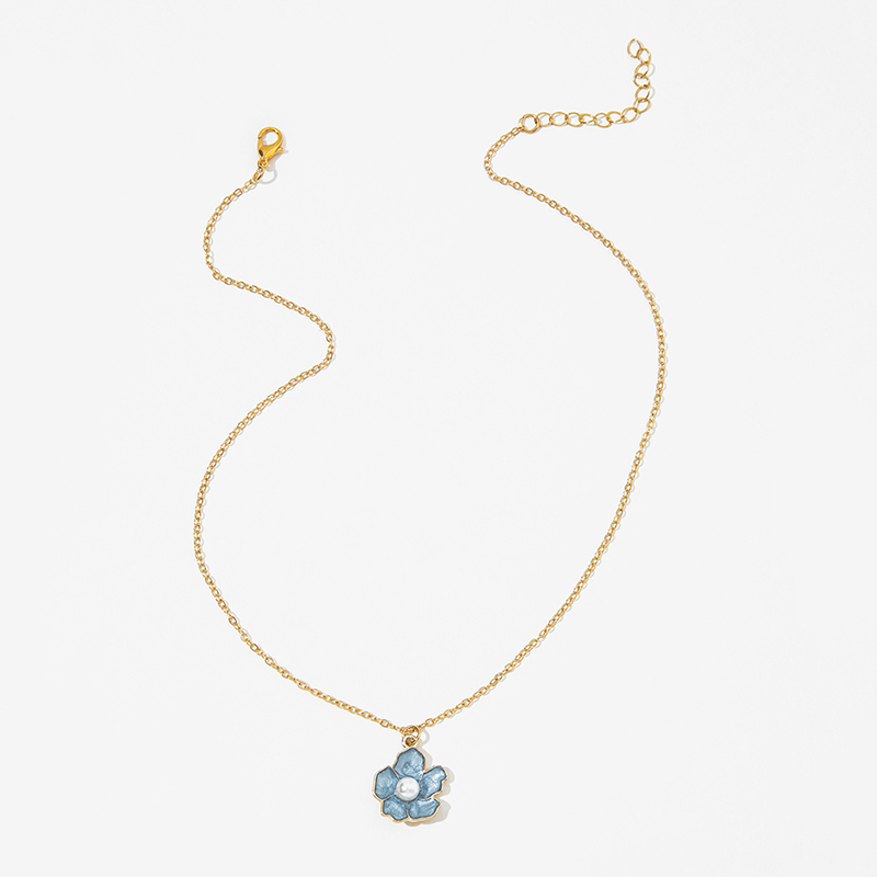 Mode Blau Tropfen Öl Perle Intarsien Kleine Fünf-blütenblatt Blume Halskette display picture 4