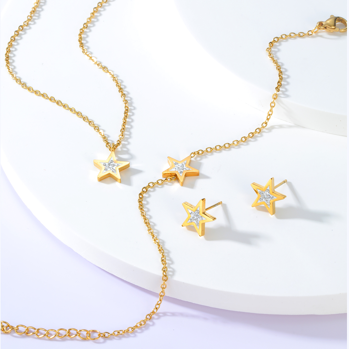 Acero Inoxidable 201 Chapados en oro de 18k Moda Enchapado Estrella Circón Esposas Pendientes Collar display picture 3