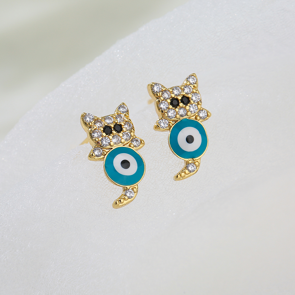 Cute Cat Copper Plating 18k Gold Dripping Oil Zircon Earrings display picture 1