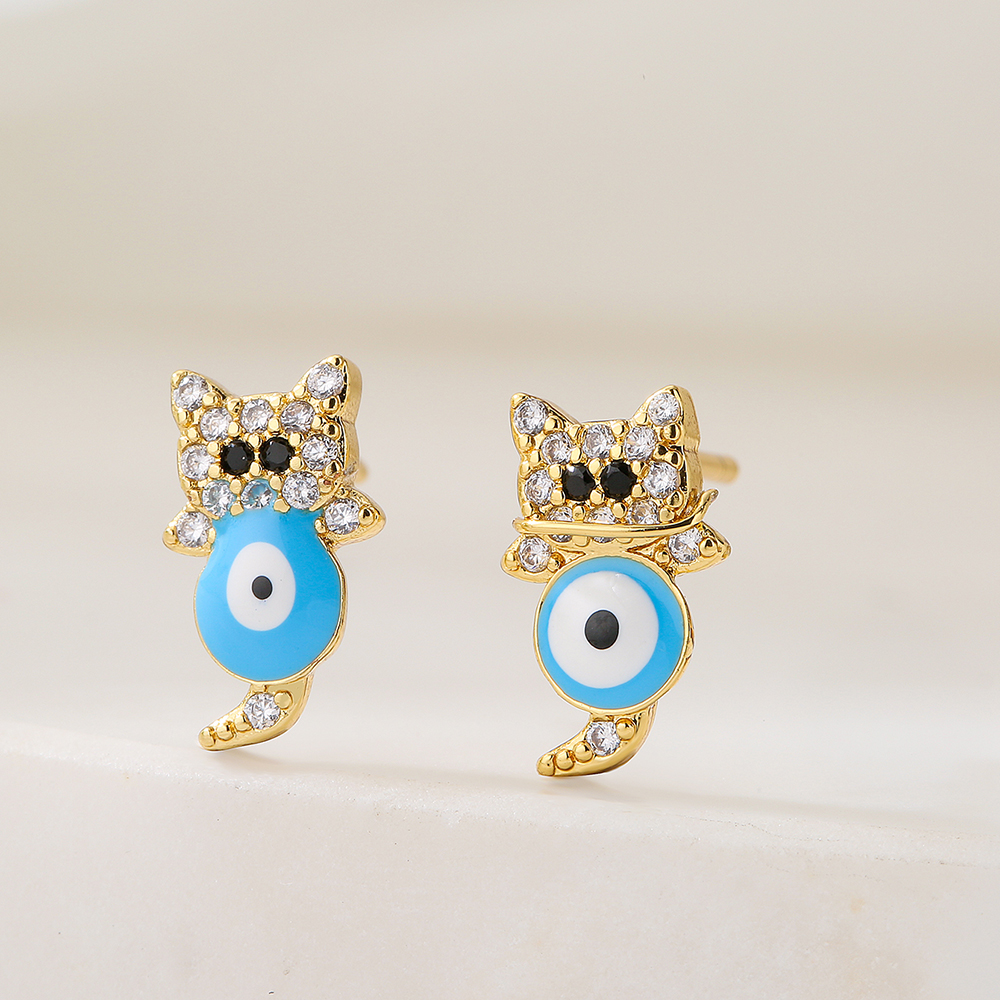 Cute Cat Copper Plating 18k Gold Dripping Oil Zircon Earrings display picture 2