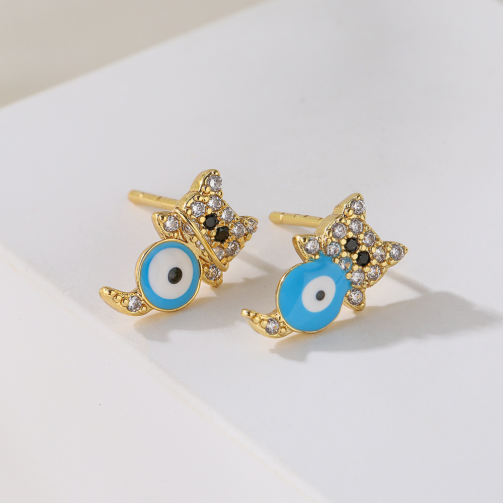 Cute Cat Copper Plating 18k Gold Dripping Oil Zircon Earrings display picture 3