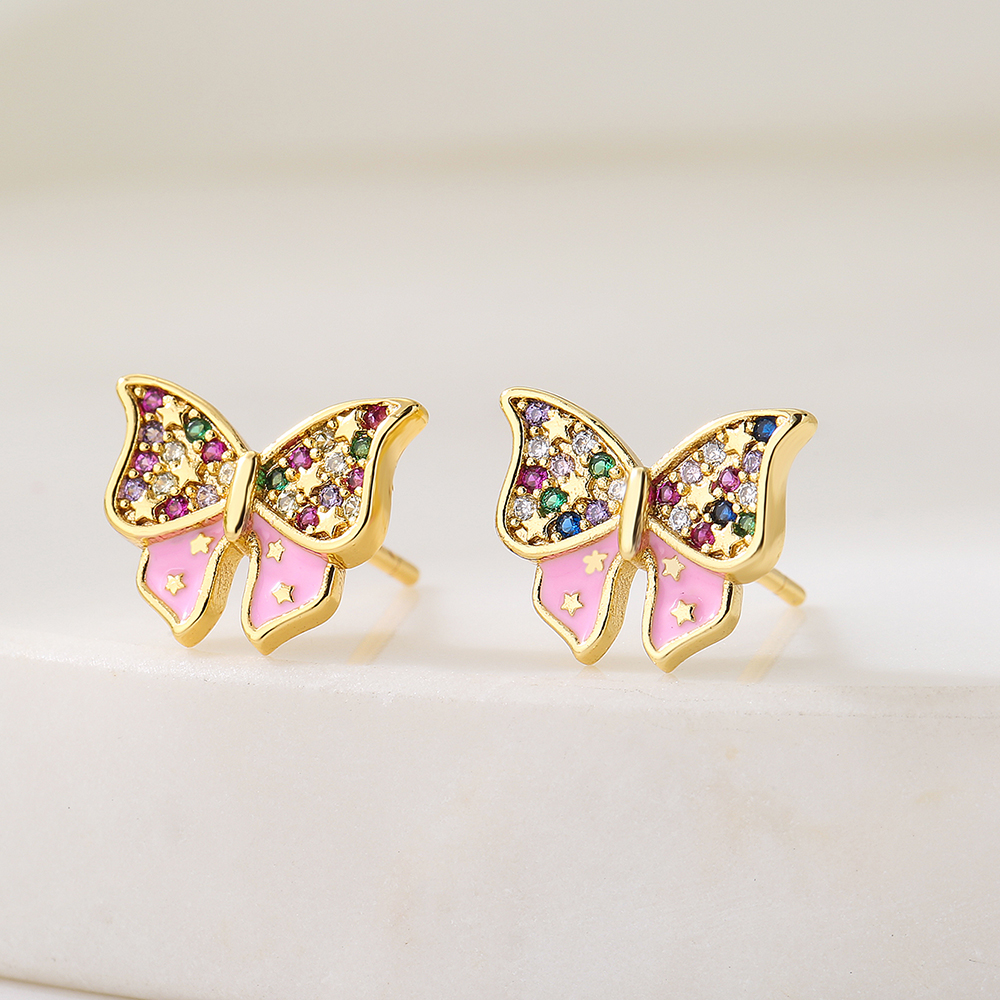 New Style Copper Plating 18k Gold Micro Inlay Color Zirconium Butterfly Stud Earrings display picture 2