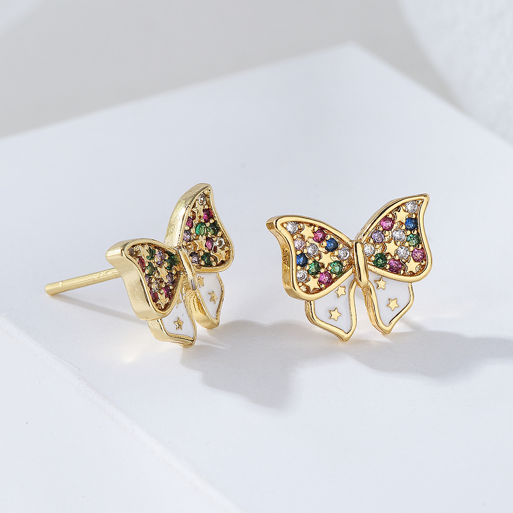 New Style Copper Plating 18k Gold Micro Inlay Color Zirconium Butterfly Stud Earrings display picture 3