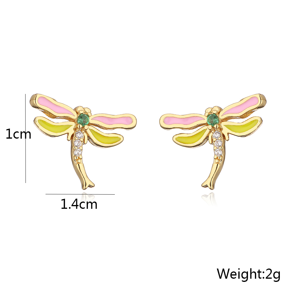 Cute Style Copper Plating 18k Gold Drop Oil Zircon Dragonfly Butterfly Stud Earrings display picture 3