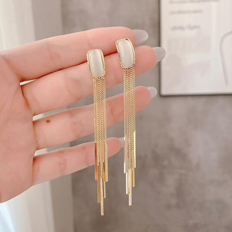 2022 New Fashion Delicate Long Fringe Opal Stone Inlaid Ear Studs Women display picture 1