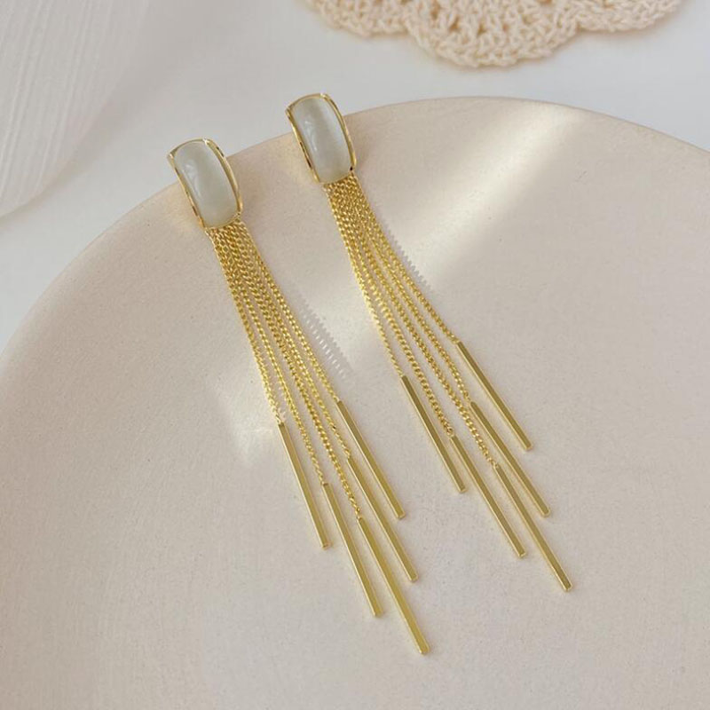2022 New Fashion Delicate Long Fringe Opal Stone Inlaid Ear Studs Women display picture 6