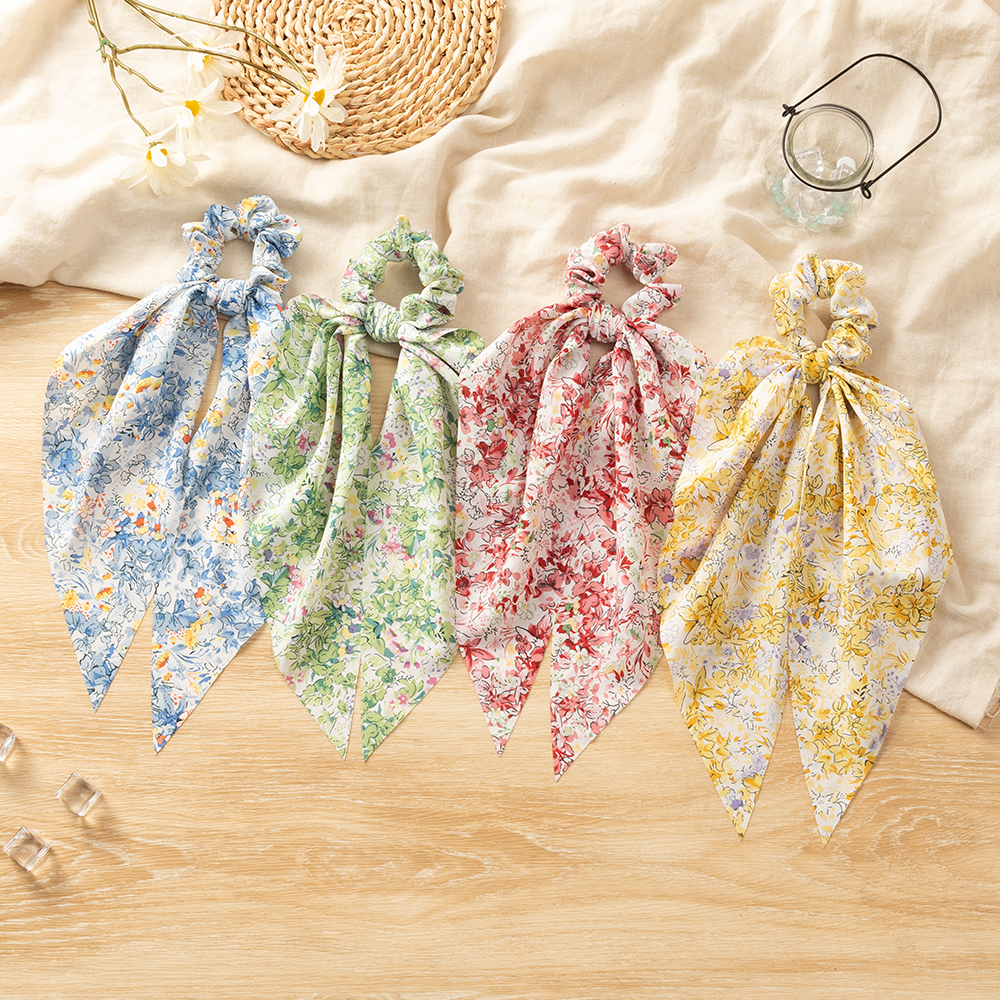 New Style Colorful Flower Pattern Long Ribbon Hair Accessories Bow Hair Scrunchies display picture 2