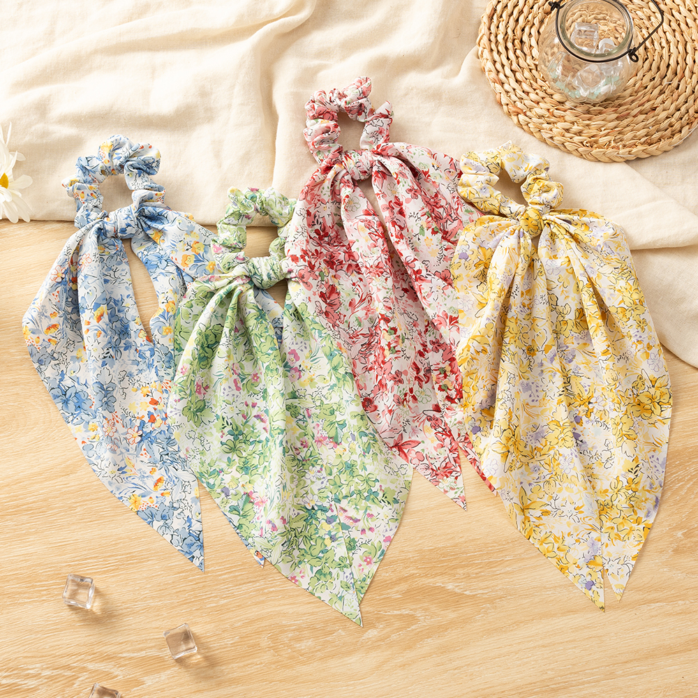 New Style Colorful Flower Pattern Long Ribbon Hair Accessories Bow Hair Scrunchies display picture 3