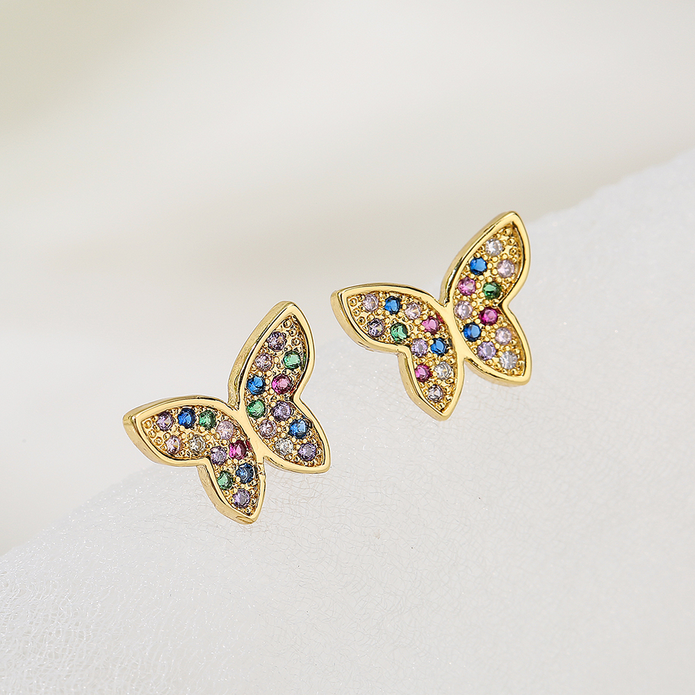 New Style Copper Plating 18k Gold Dripping Oil Zircon Hollow Butterfly Stud Earrings display picture 1