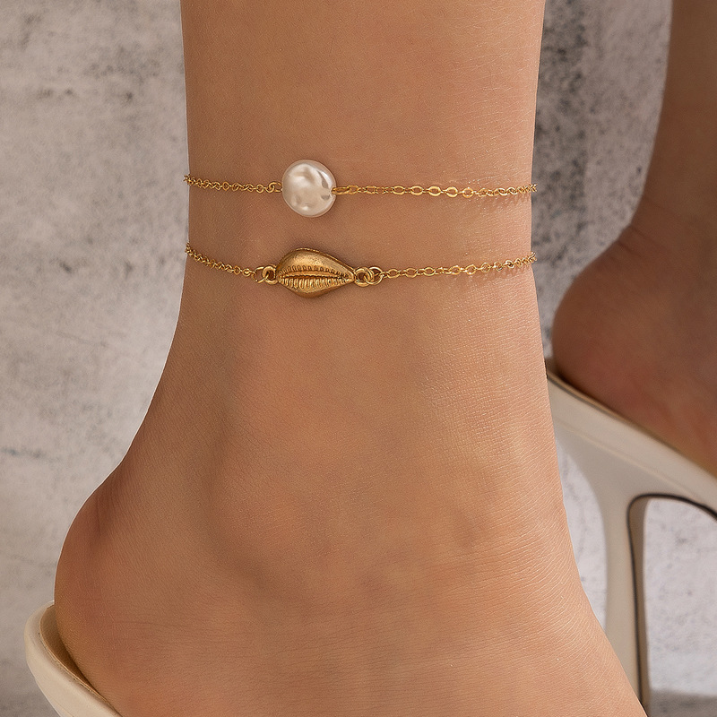 Fashion Simple Heart Star Pendant Double-circle Geometric Shell Alloy Anklet display picture 3