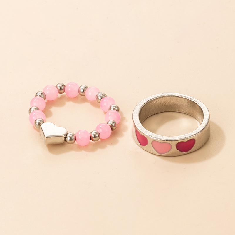 Fashion Pink Bead Contrast Color Oil Drop Heart Alloy Ring 2-piece Set display picture 3