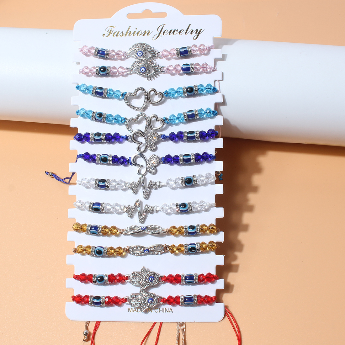 Fashion Bohemian Style Woven Crystal String Beads Devil's Eye Drop Oil Palm Alloy Bracelet display picture 6