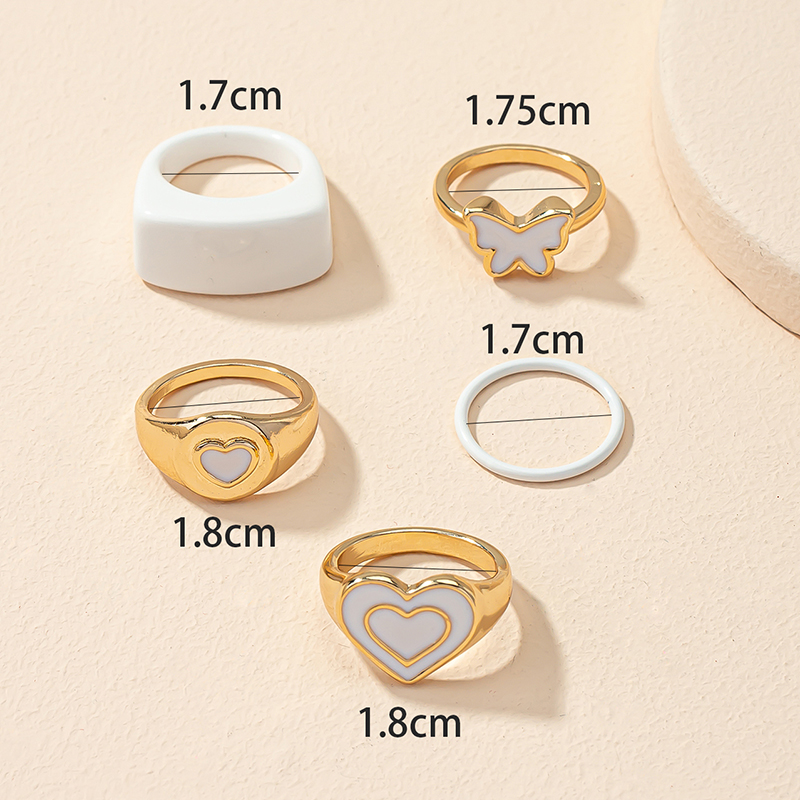 5 Pieces Ring Set Creative Dripping Oil Heart Shaped Butterfly Solid Color Shaped Alloy Ring display picture 3