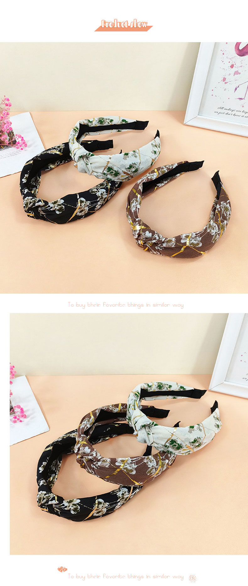 New Style Floral Fabric Knotted Bronzing Wide Brim Hair Band display picture 4