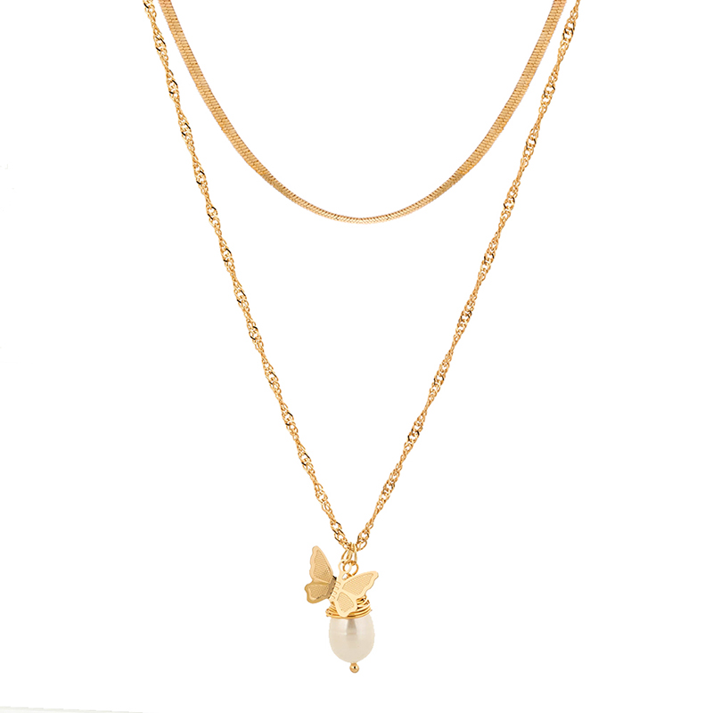 Mode Einfache Schmetterling Natürliche Perle Anhänger Legierung Schlüsselbein Kette Multi-schicht Metall Halskette display picture 4